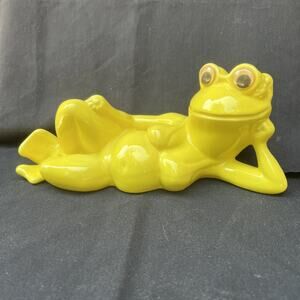 Enchanto California Pottery Ceramic Yellow Reclining Frog W/Bikini Sunglasses